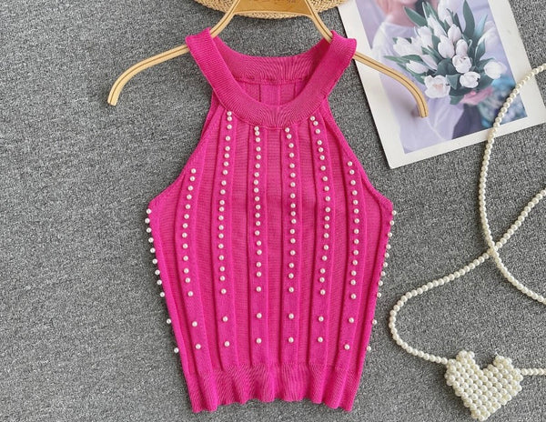 Women Fashion Sleeveless Pearl Crop Top