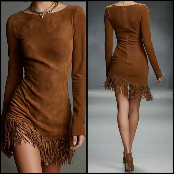 Women Sexy Fashion Brown Suede Fringe Tassel Dress