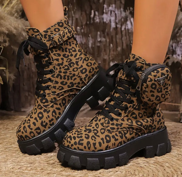 Women Fashion Leopard Print Lace Up Pocket Ankle Boots