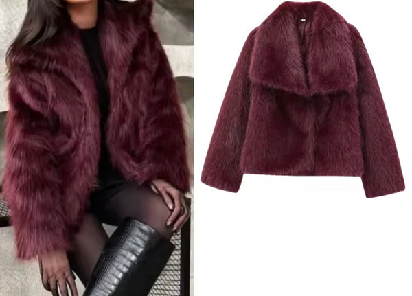 Women Color Fashion Faux Fur Warm Jacket