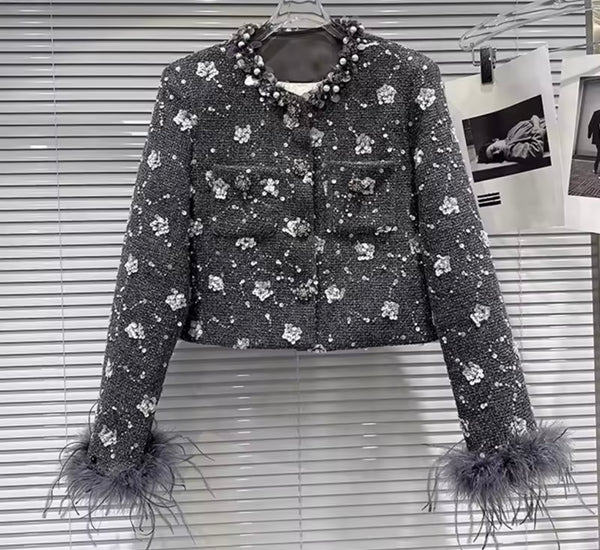 Women Gray Floral Rhinestone Feather Blazer Two Piece Skirt Set