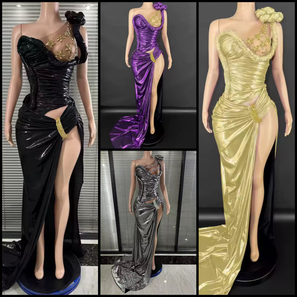 Women Sexy Sleeveless Crystal Ruched Side Split PU Maxi Dress
