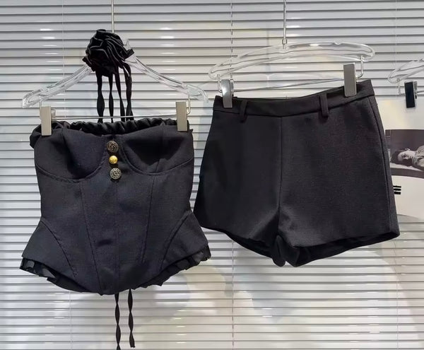 Women Sexy Button Strapless Two Piece Short Set