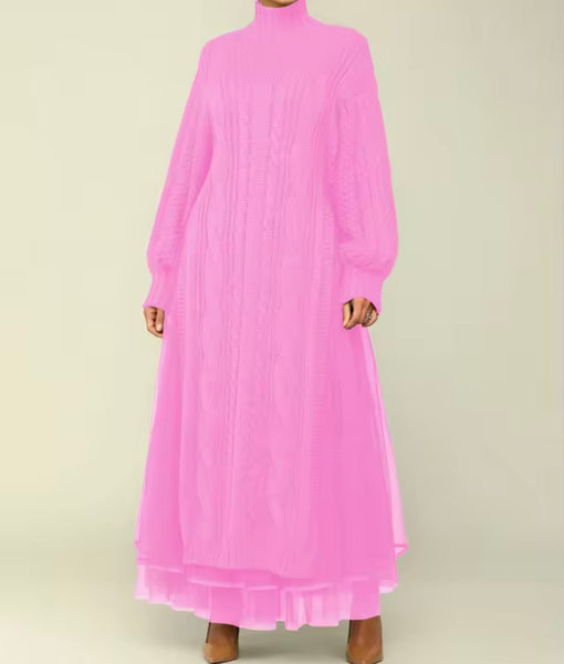 Women Turtleneck Full Sleeve Knitted Sweater Maxi Dress