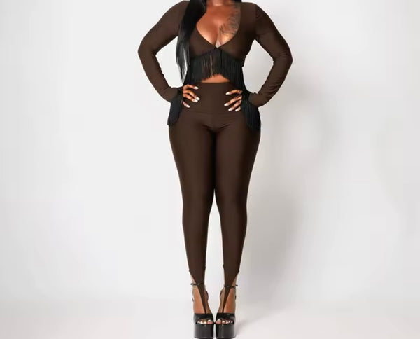 Women Fringe Tassel Full Sleeve Fashion Two Piece Pant Set