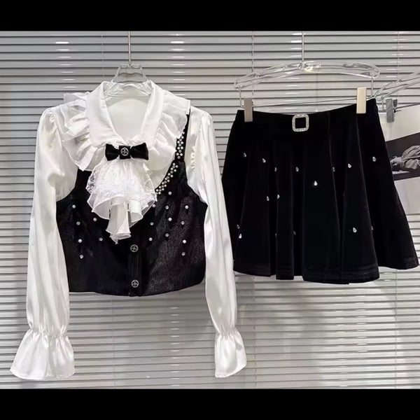 Women B&W Ruffled Bow Full Sleeve Rhinestone Suede Three Piece Skirt Set
