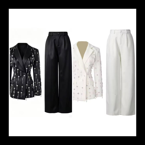 Women Fashion Rhinestone Tassel Blazer Two Piece Pant Set