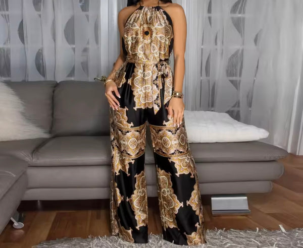 Women Sexy Printed Halter Sleeveless Open Back Two Piece Pant Set