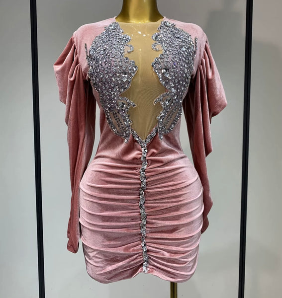 Women Sexy Velour Rhinestone Mesh Full Sleeve Ruched Dress