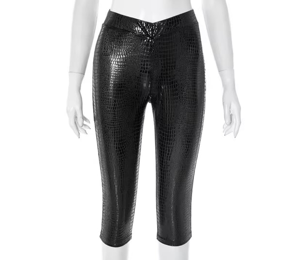 Women Fur Patchwork Fashion Faux Leather Two Piece Capri Pant Set