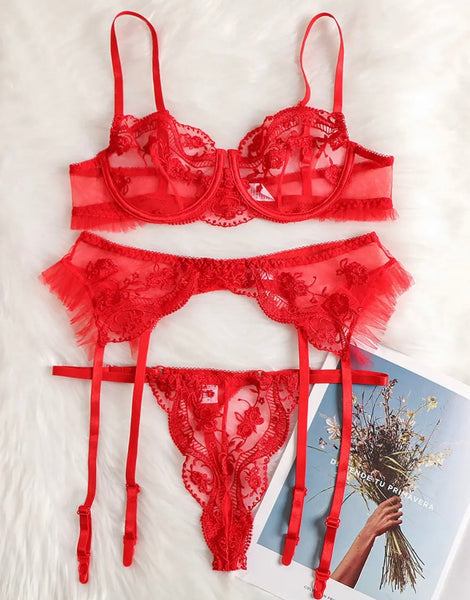 Women Red Lace Sexy Lingerie Set