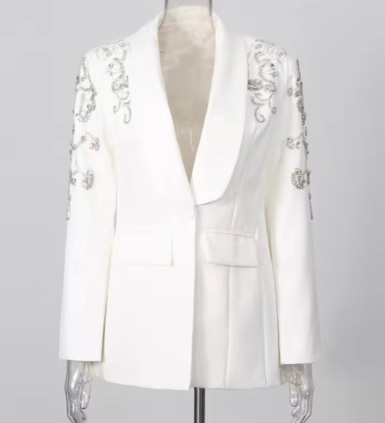 Women Fashion Floral Rhinestone Embellishment Blazer Two Piece Pant Set