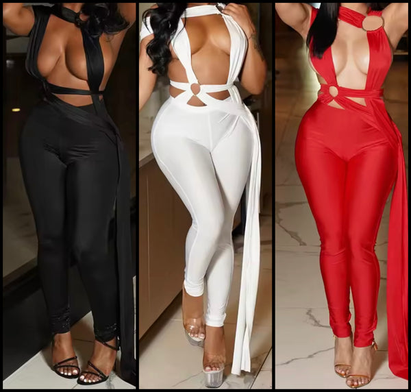 Women Sexy Sleeveless Ribbon Hollow Out Jumpsuit