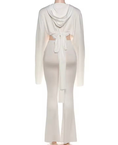 Women White Hooded Tie Up Full Sleeve Two Piece Pant Set