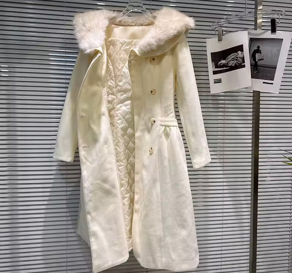 Women Faux Fur Patchwork Button Up Warm Wool Trench Jacket