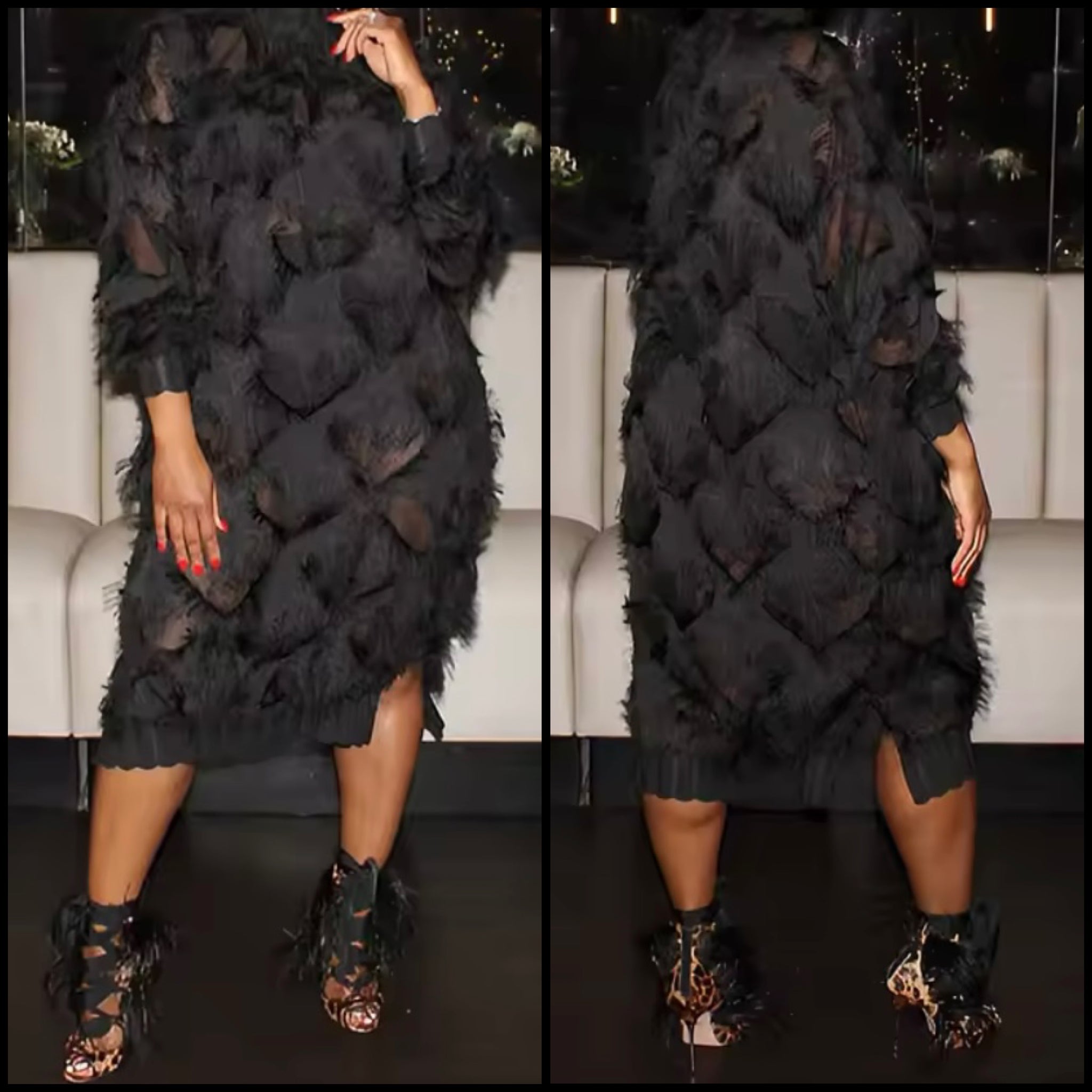 Women Sexy Black Full Sleeve Fringe See Through Dress