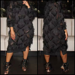 Women Sexy Black Full Sleeve Fringe See Through Dress