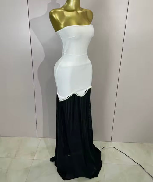 Women Sexy Strapless B&W Pearl Mesh Maxi Dress