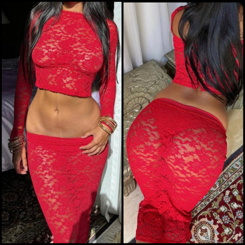 Women Sexy Red Lace Full Sleeve Crop Two Piece Skirt Set