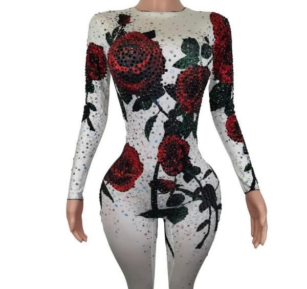 Women Sexy Rose Bling Full Sleeve Jumpsuit
