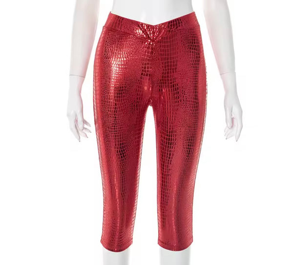Women Fur Patchwork Fashion Faux Leather Two Piece Capri Pant Set