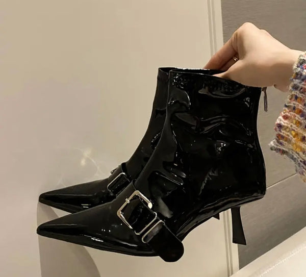 Women Fashion Pointed Toe Buckled Patent Leather Ankle Boots