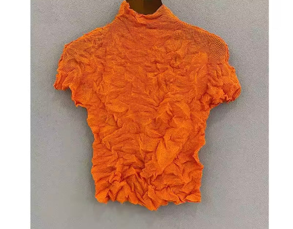 Women Color Short Sleeve Crinkle Fashion Top