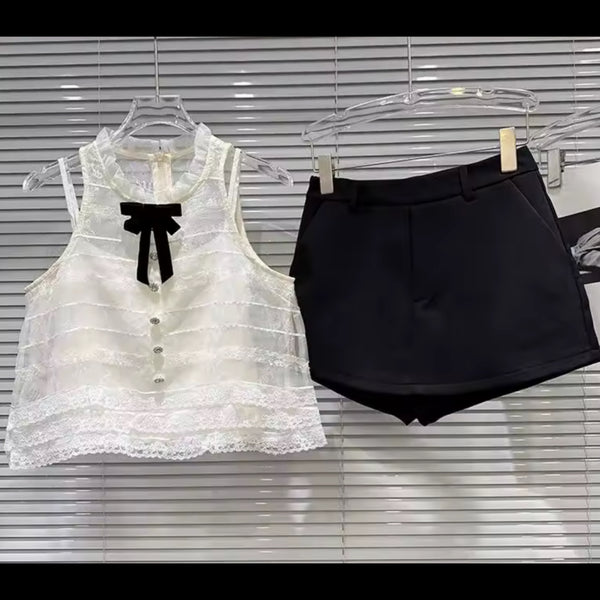 Women Bow Button Up Sleeveless Two Piece Wrap Short Set