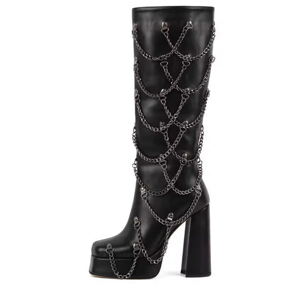 Women Fashion Black Chain Platform Knee High Boots