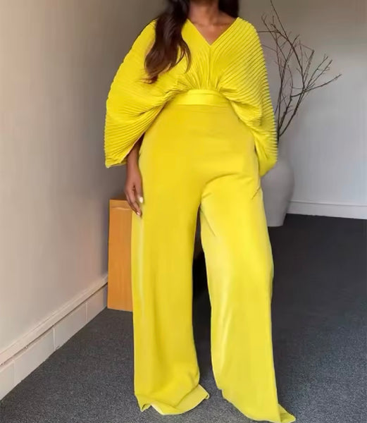 Women Solid Color Pleated Two Piece Fashion Pant Set