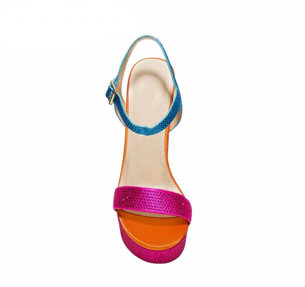 Women Fashion Bling Color Patchwork Platform Ankle Strap Sandals