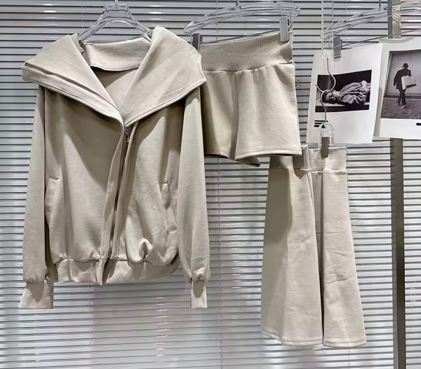 Women Fashion Hooded Zip Up Three Piece Pant Set