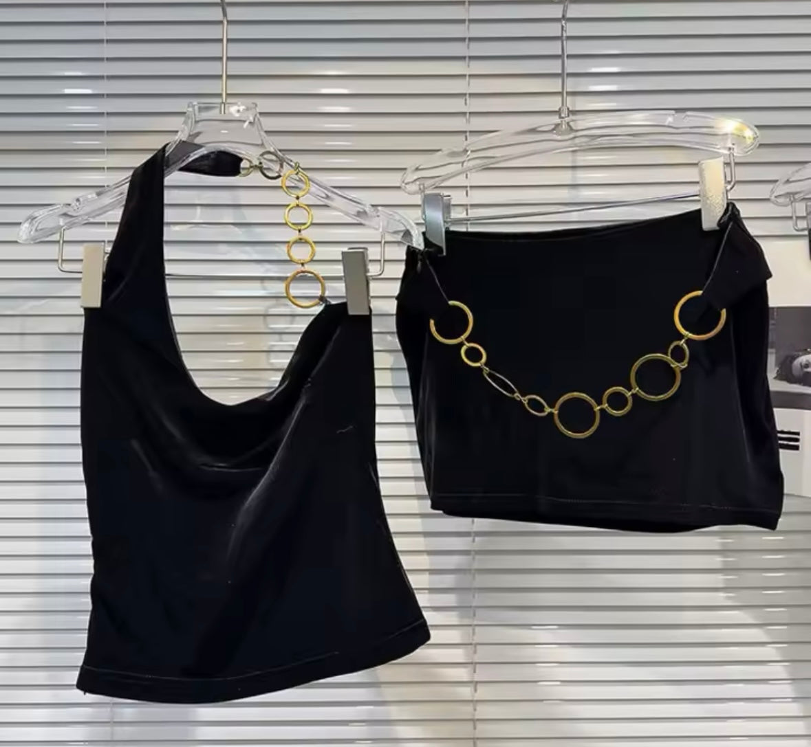 Women Sexy Black Velour Chain Halter Two Piece Skirt Set