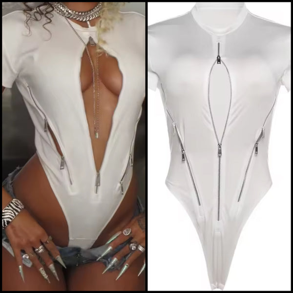 Women Sexy Fashion Silver Zipper Short Sleeve Bodysuit Top