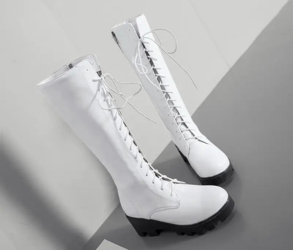 Women Fashion Faux Leather Lace Up Platform Knee High Boots