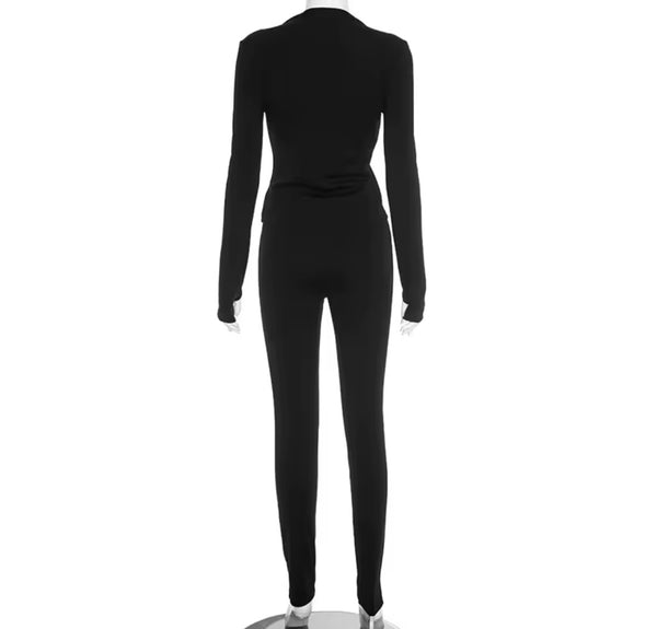 Women Sexy Solid Color Full Sleeve Cut Out Two Piece Pant Set