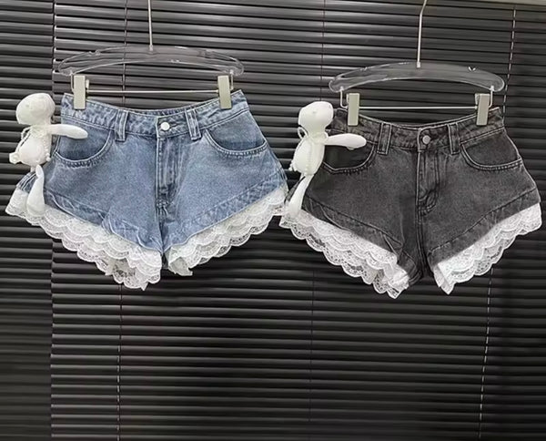 Women Fashion Bow Lace Patchwork Denim Shorts