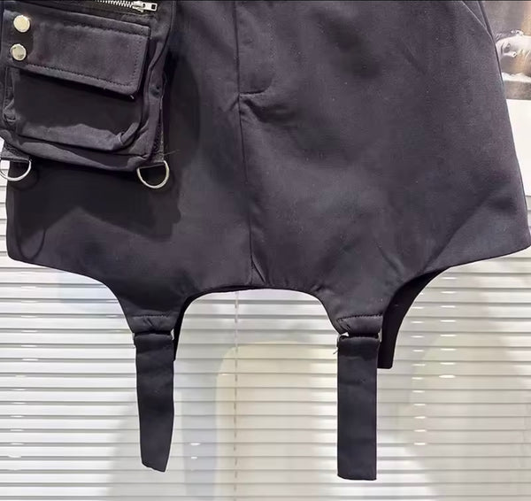 Women Black Fashion Pocket Belt Skirt