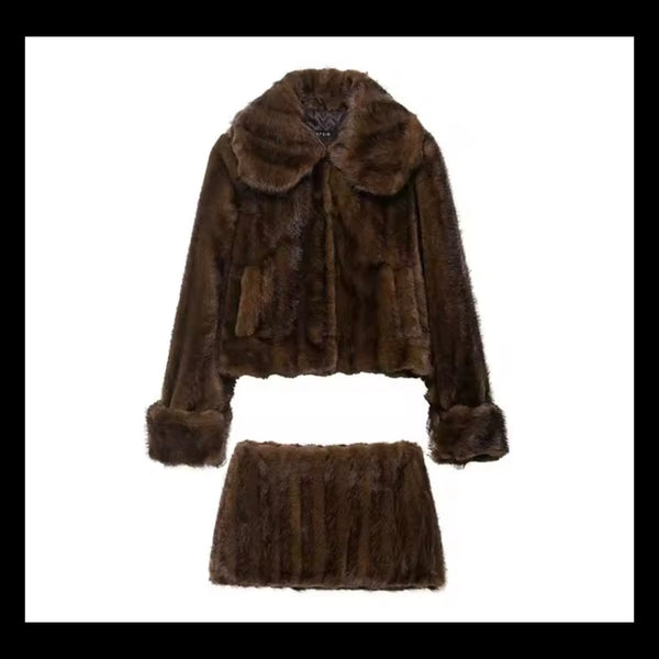 Women Sexy Fashion Brown Faux Fur Jacket Two Piece Skirt Set