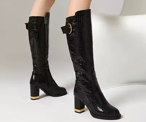 Women Buckled Faux Leather Fashion Knee High Boots