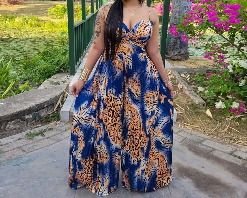 Women Sexy Sleeveless Printed Pleated Wide Leg Jumpsuit