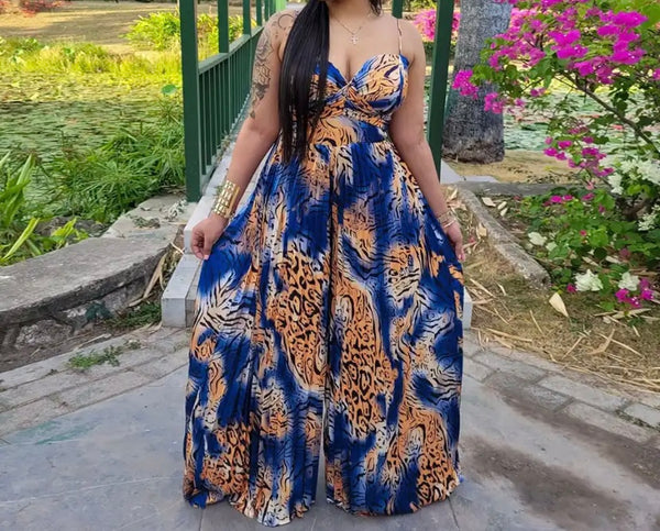 Women Sexy Sleeveless Printed Pleated Wide Leg Jumpsuit