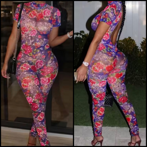 Women Sexy Colorful Floral Mesh Short Sleeve Jumpsuit