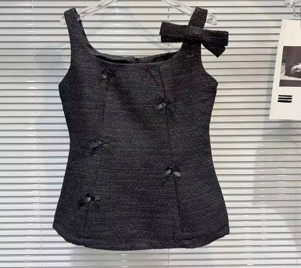 Women Black Bow Sleeveless Tweed Two Piece Skirt Set