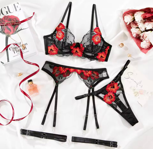 Women Black Sexy Red Floral Mesh Lingerie Set