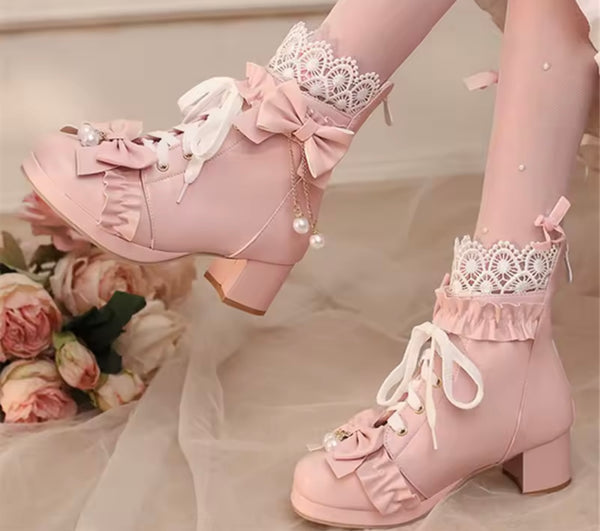 Women Fashion Lace Up Pearl Bow Ankle Boots
