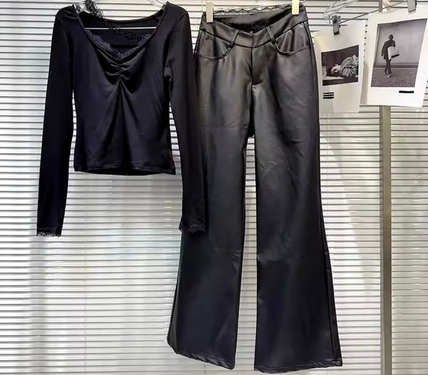 Women Black Fashion Full Sleeve Two Piece Faux Leather Pant Set