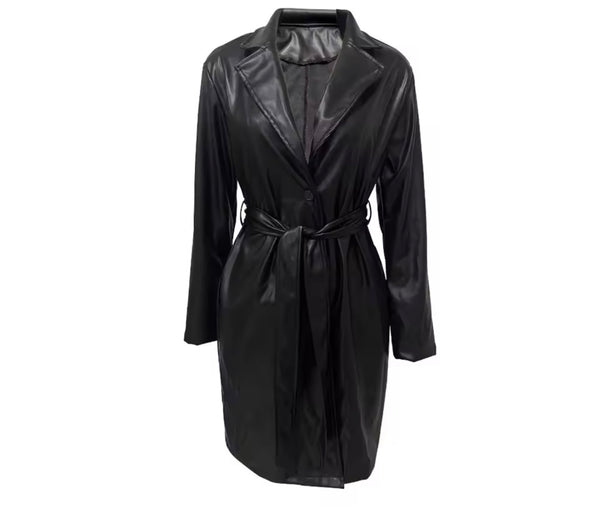 Women Fashion Black PU Leather Belted Trench Jacket