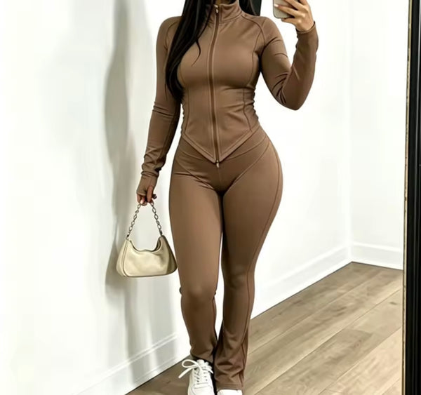Women Fashion Color Zip Up Headband Three Piece Pant Set