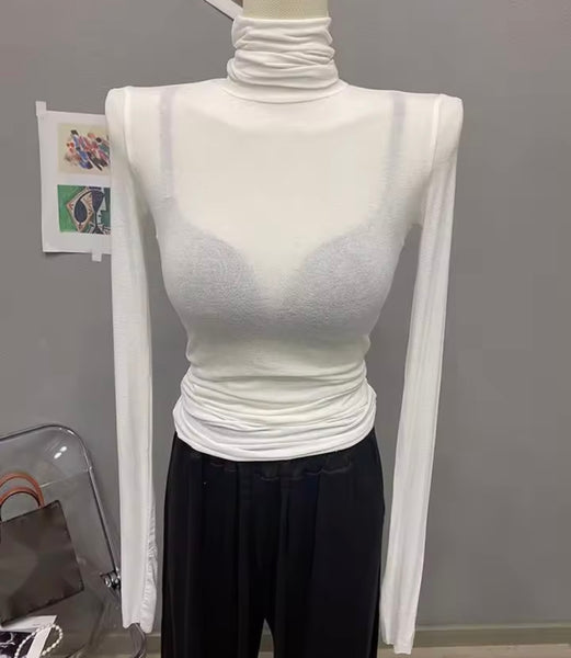 Women Fashion Turtleneck Full Sleeve Mesh Top